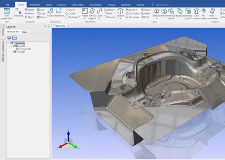 Recreate software interface displaying a 3D CAD model of a complex machined component with surface layers and tooling geometry visible in the modelling workspace.