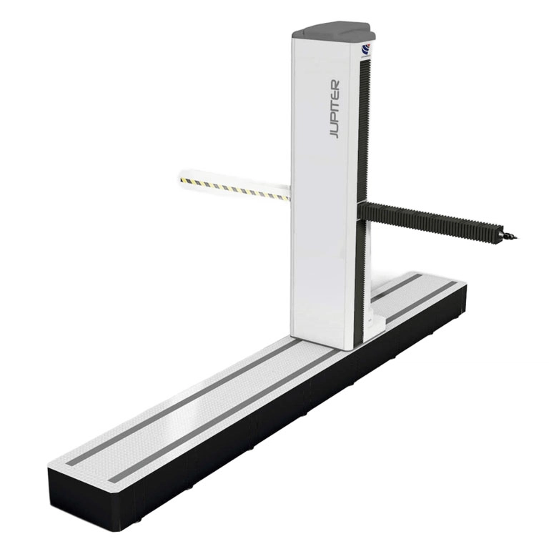 Coord3 Jupiter horizontal-arm coordinate measuring machine with fully shrouded probe arm, vertical column, and runway guideway with walkable guards.