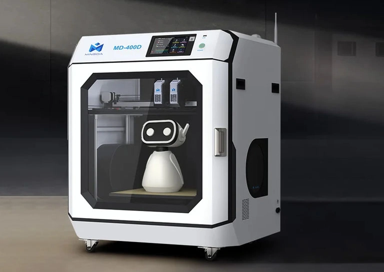 Mingda MD-400D industrial IDEX FDM 3D printer with enclosed build chamber and touchscreen display, printing a part of the build platform.
