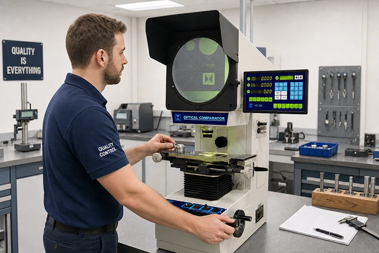 Quality control technician operating a Leader optical comparator in a metrology laboratory, adjusting the handwheel while inspecting a precision component on the projection screen.