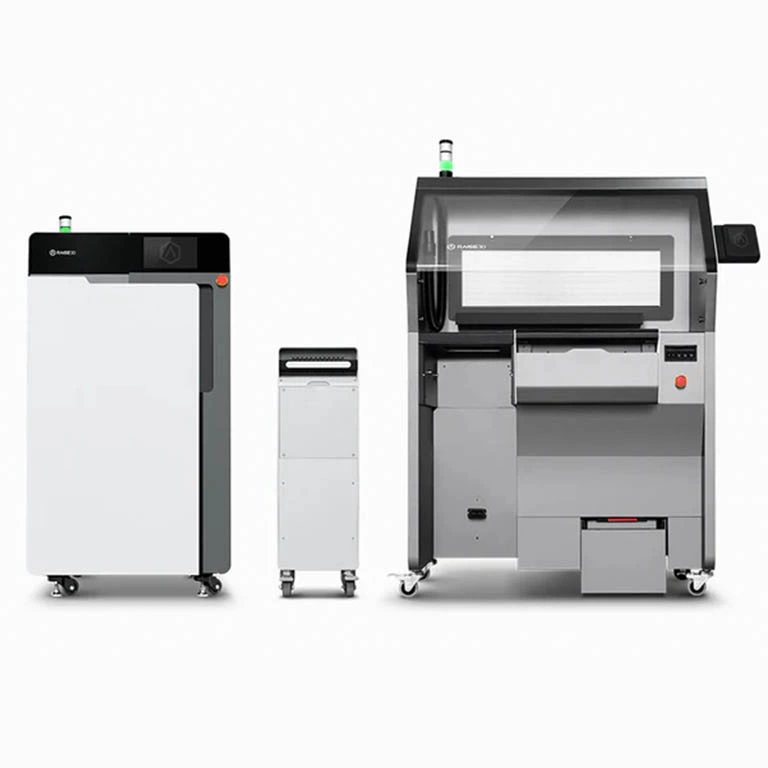 Raise3D RMS220 SLS 3D printer system - showing the main print unit, removable build unit, and C220-P cleaning and preparation station, all castor-mounted for modular workshop integration.